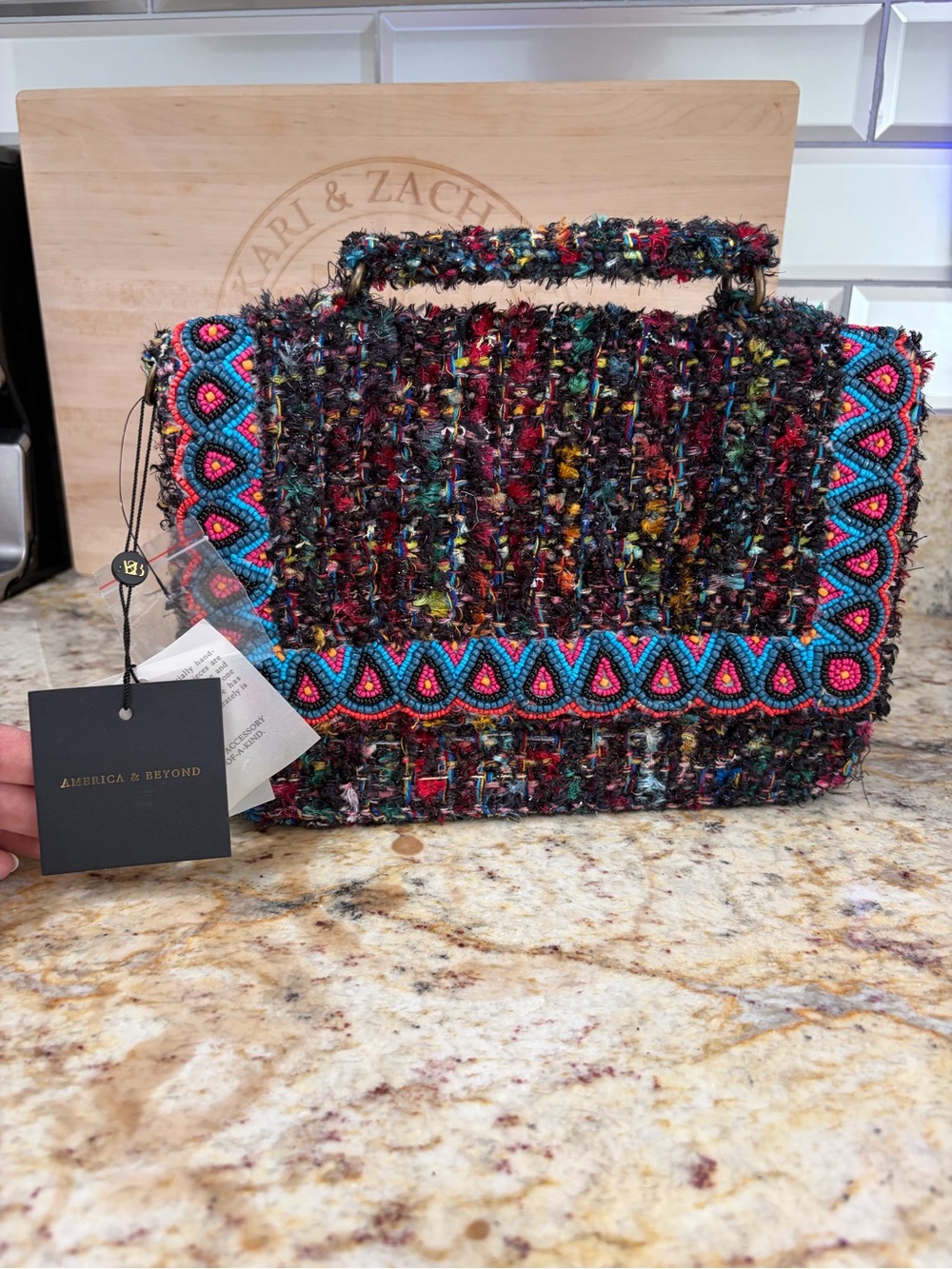 a new day Multicolor Tweed Satchel with Turquoise and Pink Beaded Trim